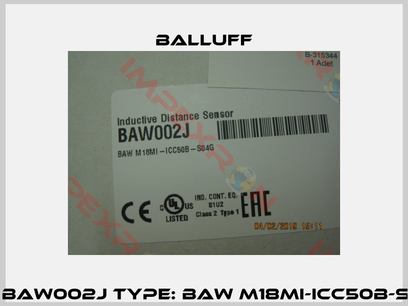 P/N: BAW002J Type: BAW M18MI-ICC50B-S04G-1