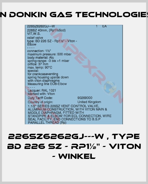 Bryan Donkin Gas Technologies Ltd.-226SZ6262GJ---W , type BD 226 SZ - Rp1½" - Viton - Winkel