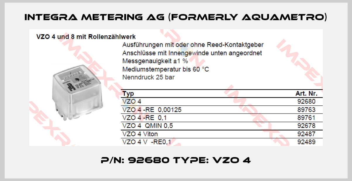 Integra Metering AG (formerly Aquametro)-P/N: 92680 Type: VZO 4