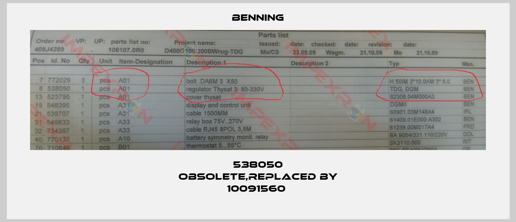 Benning-538050 obsolete,replaced by 10091560 