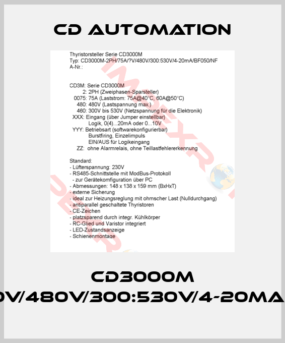 CD AUTOMATION-CD3000M 2PH/75A/480V/480V/300:530V/4-20mA/BF008/NF/IM
