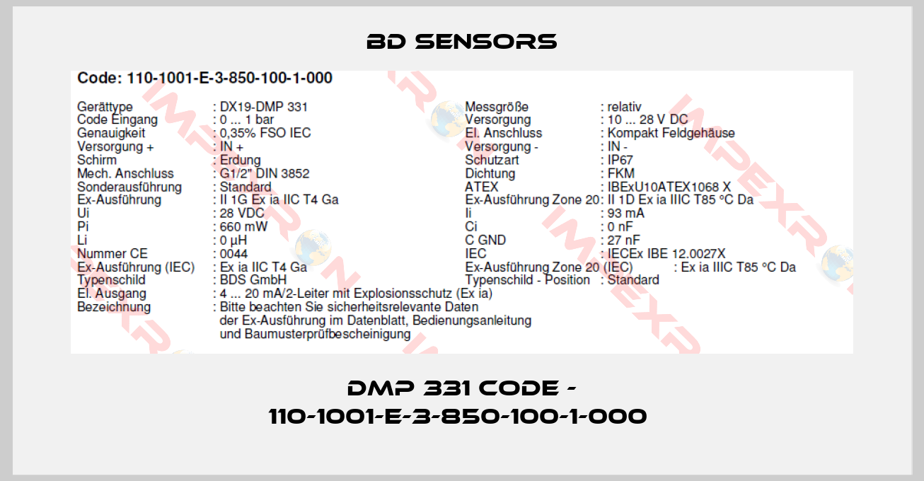 Bd Sensors-DMP 331 Code - 110-1001-E-3-850-100-1-000 