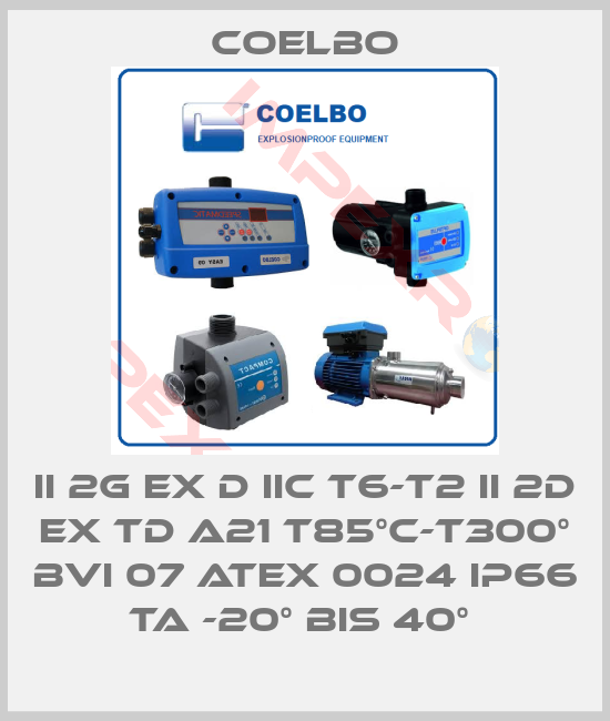 COELBO-II 2G EX D IIC T6-T2 II 2D EX TD A21 T85°C-T300° BVI 07 ATEX 0024 IP66 TA -20° BIS 40° 
