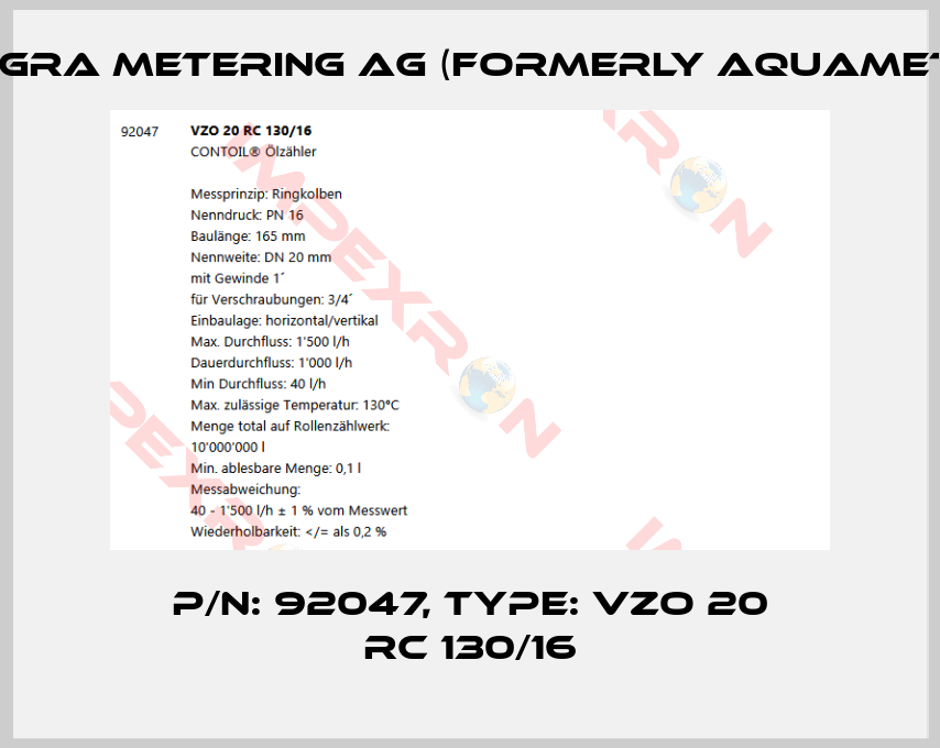 Integra Metering AG (formerly Aquametro)-P/N: 92047, Type: VZO 20 RC 130/16