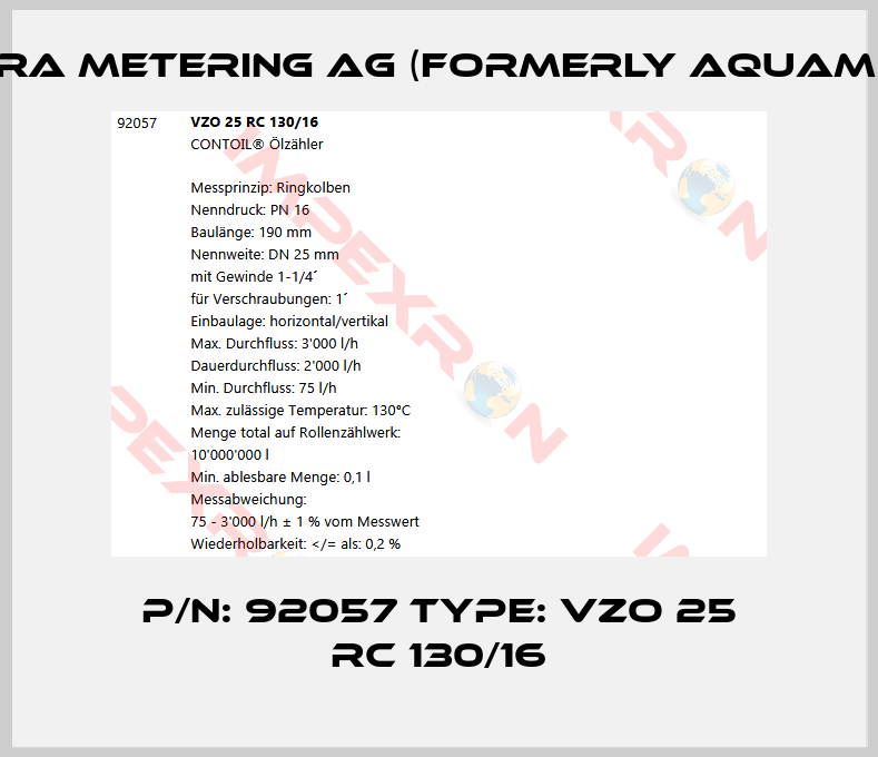 Integra Metering AG (formerly Aquametro)-P/N: 92057 Type: VZO 25 RC 130/16