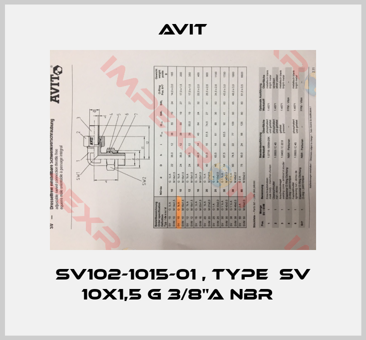 Avit-SV102-1015-01 , type  SV 10x1,5 G 3/8"A NBR  