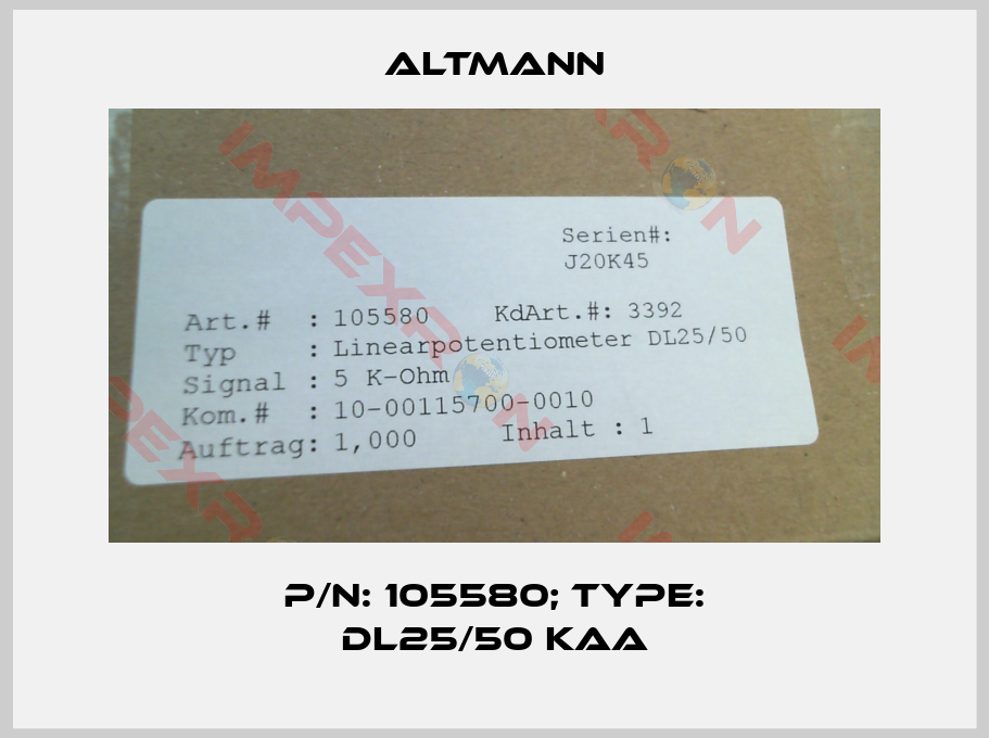 ALTMANN-P/N: 105580; Type: DL25/50 Kaa