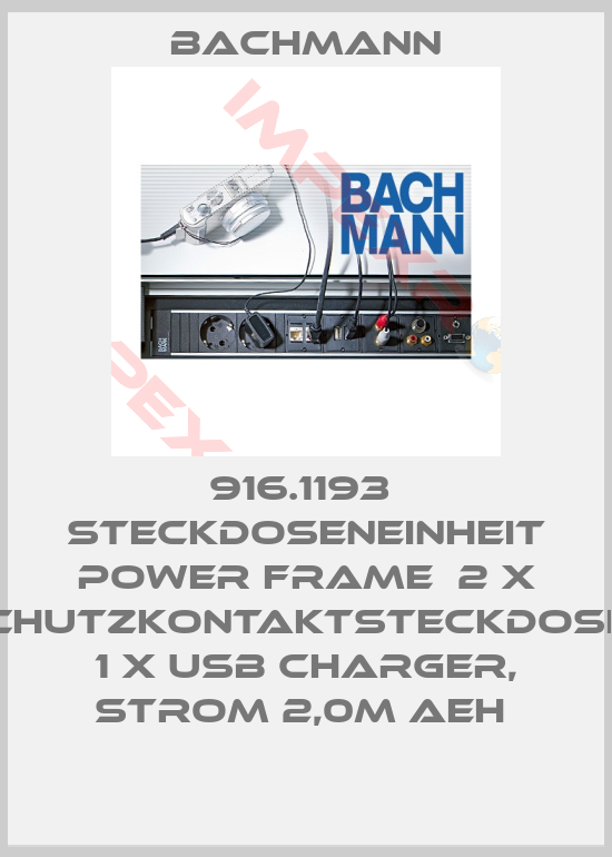 Bachmann-916.1193  Steckdoseneinheit Power Frame  2 x Schutzkontaktsteckdosen  1 x USB Charger, Strom 2,0m AEH 
